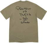 Khaki t-shirt with black text on the back on a white background