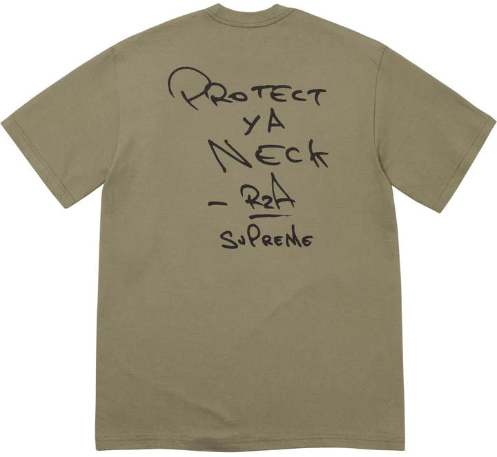 Khaki t-shirt with black text on the back on a white background