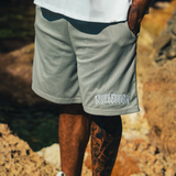LAST LESSON 'GREY' SCRIPT MESH SHORTS