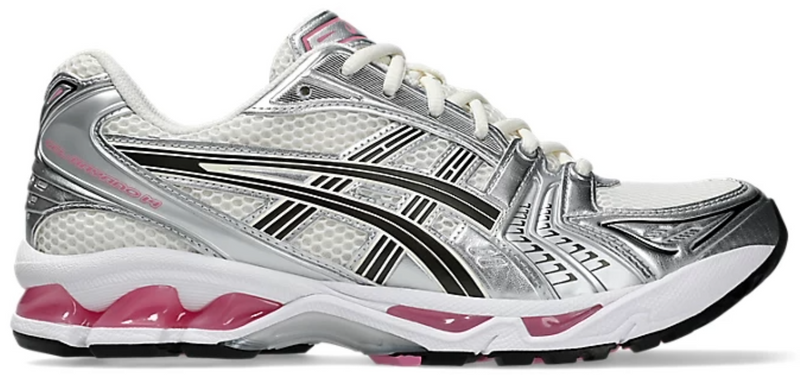 Silver and pink running shoe on a white background