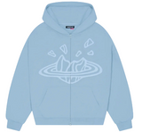 Light blue hoodie with a logo on a white background