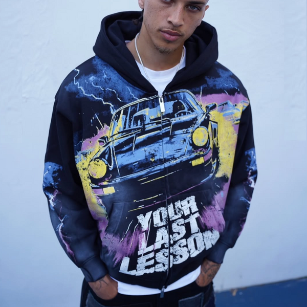 LAST LESSON 'PORSCHE' BLACK ZIP UP HOODIE