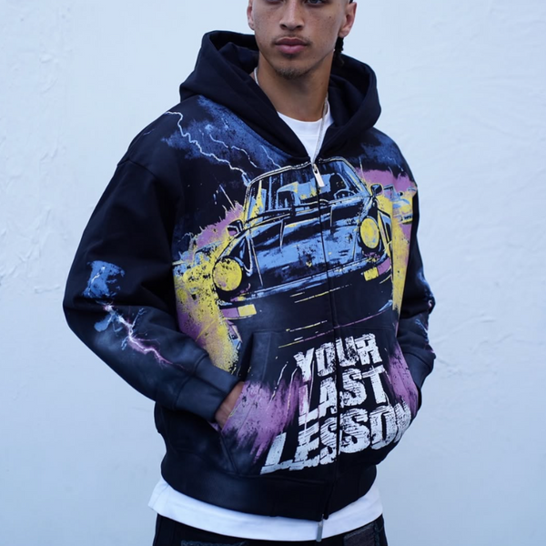 LAST LESSON 'PORSCHE' BLACK ZIP UP HOODIE
